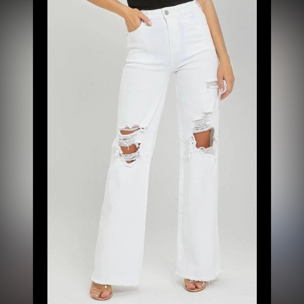 White Distressed High-Waist Wide-Leg Jeans